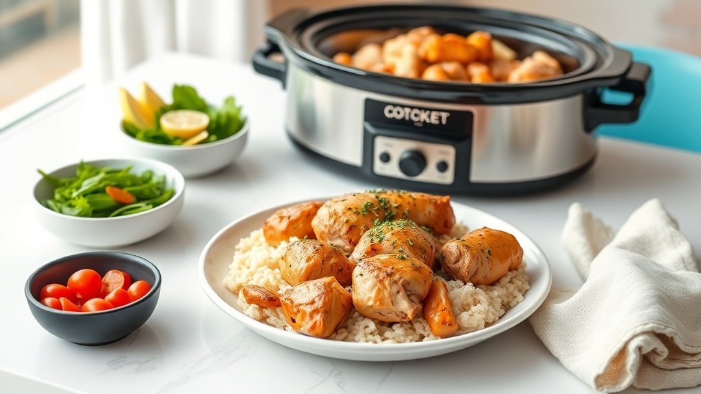 healthy crockpot chicken served with complementary sides