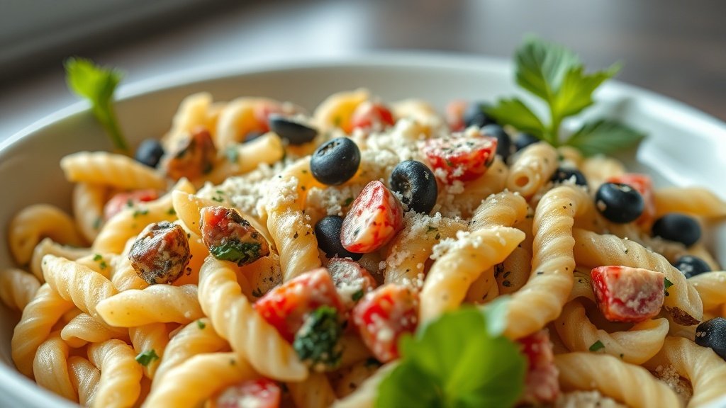 Close-up of high-protein pasta salad ready to serve