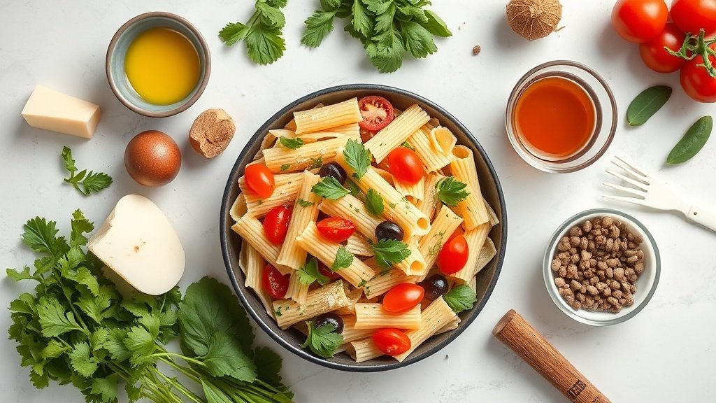 Ingredients for high-protein pasta salad arranged before cooking