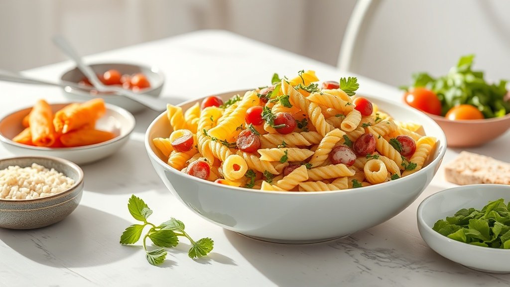 high-protein pasta salad served with complementary sides