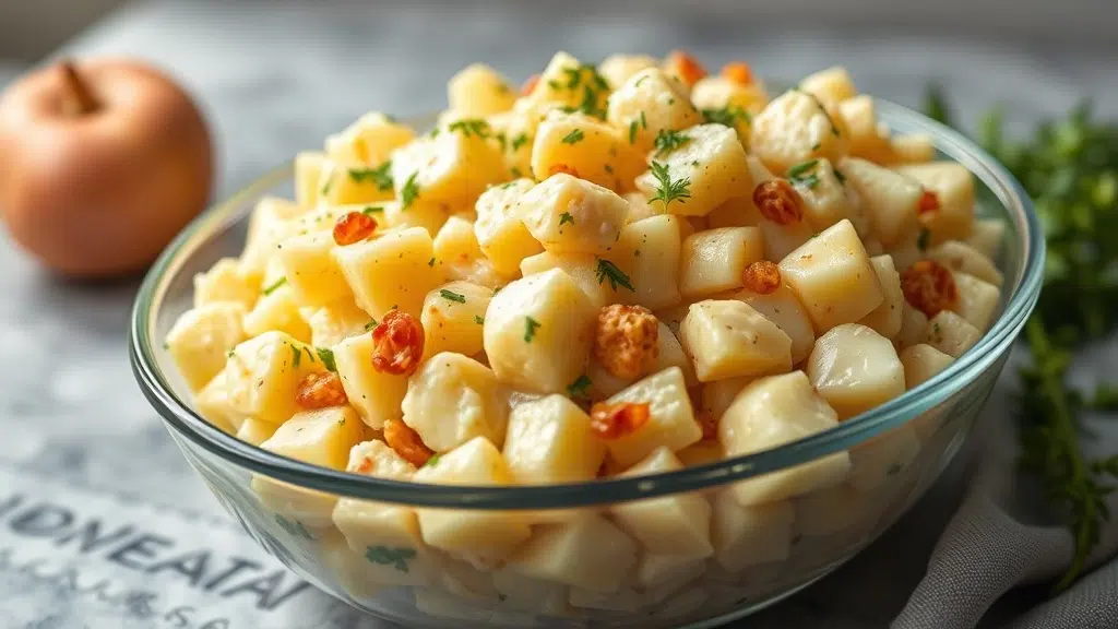 Close-up of homemade potato salad ready to serve