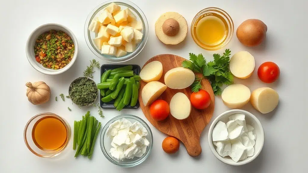 Ingredients for homemade potato salad arranged before cooking