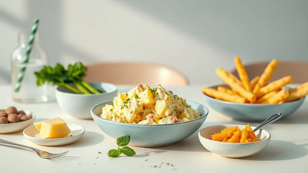 homemade potato salad served with complementary sides