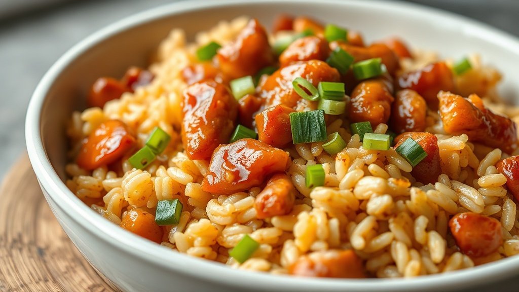 Close-up of honey BBQ chicken rice ready to serve