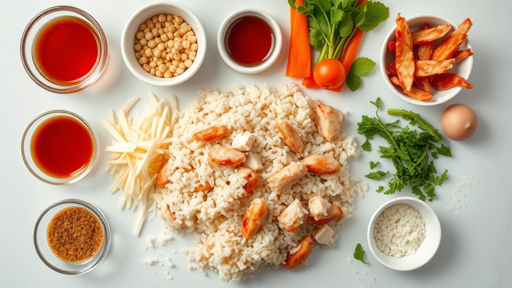 Ingredients for honey BBQ chicken rice arranged before cooking