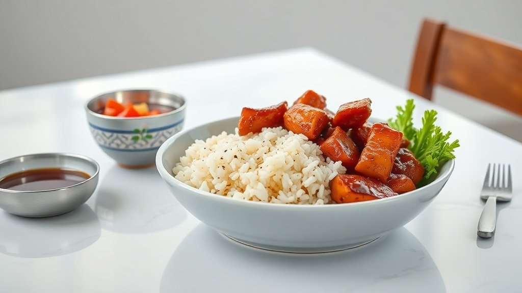 honey BBQ chicken rice served with complementary sides