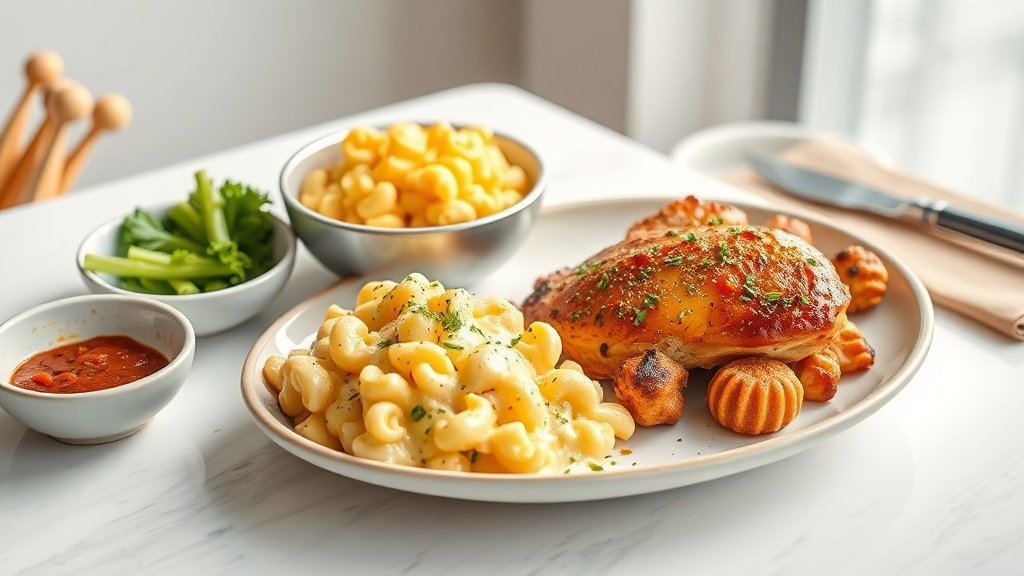 Honey Pepper Chicken with Mac and Cheese 4 honey pepper chicken with mac and cheese served with complementary sides