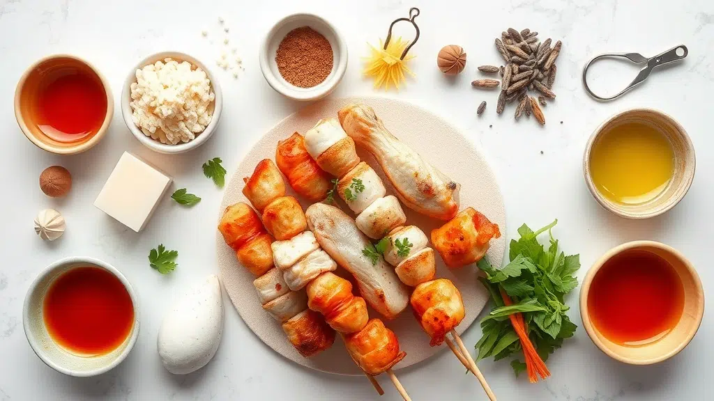 Ingredients for Japanese chicken yakitori arranged before cooking