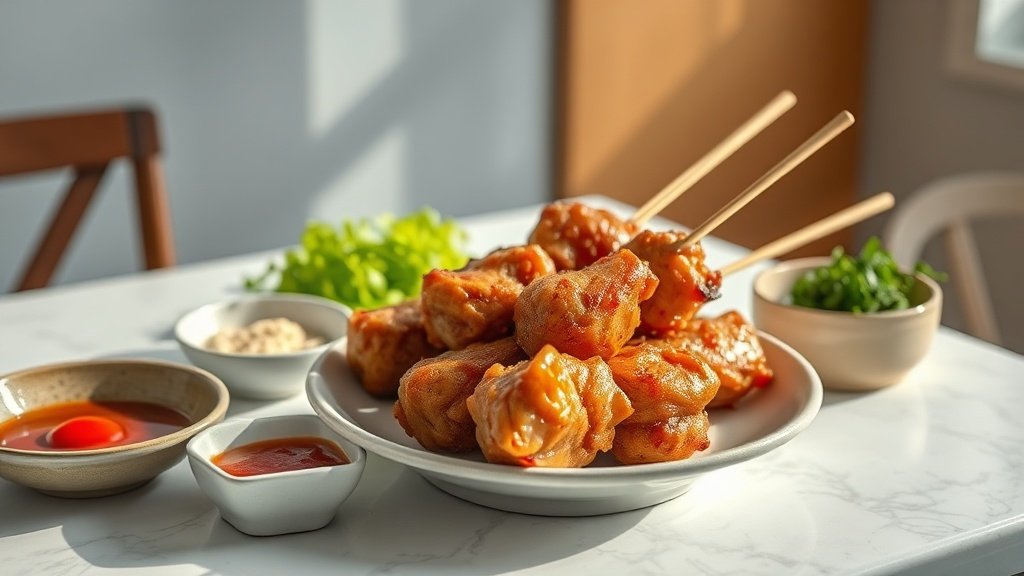 Japanese chicken yakitori served with complementary sides