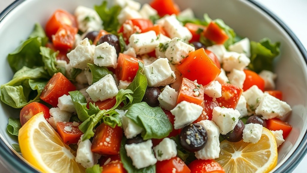 Close-up of ketogenic Greek salad ready to serve