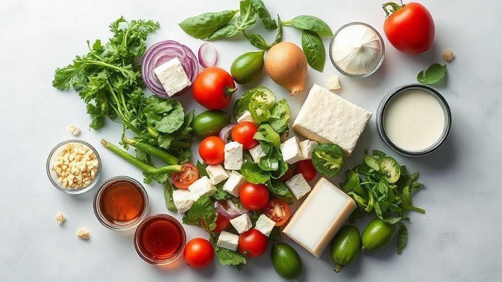 Ingredients for ketogenic Greek salad arranged before cooking
