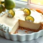 Creamy key lime pie recipe with graham cracker crust, whipped cream, and lime slices