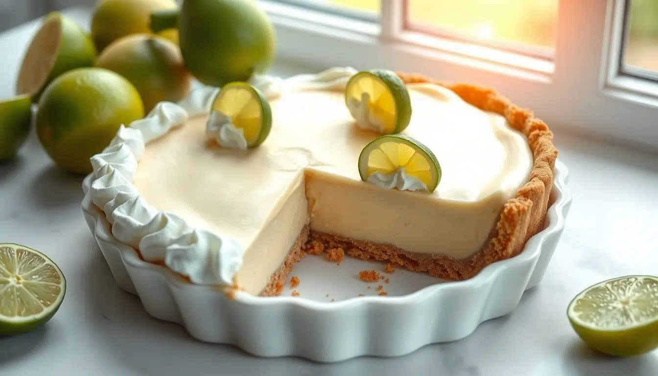 Creamy key lime pie recipe with graham cracker crust, whipped cream, and lime slices