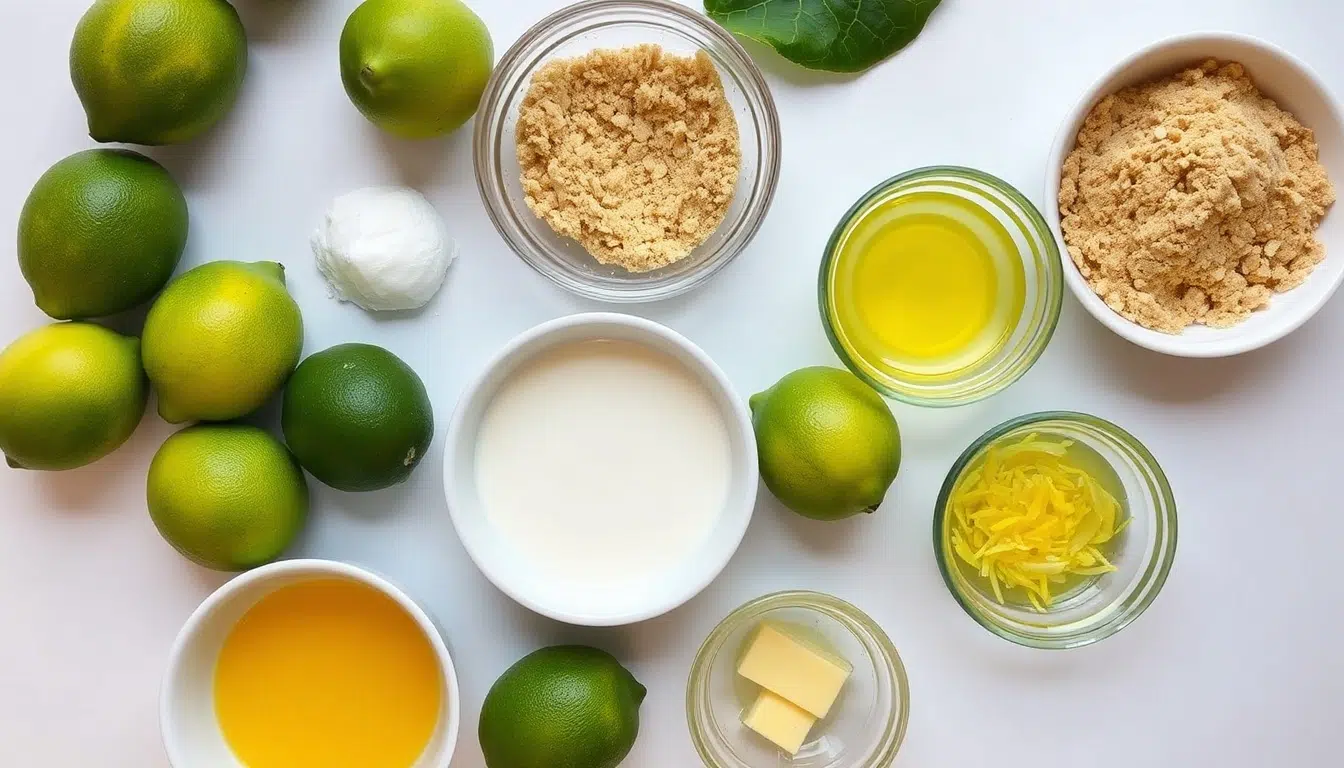Ingredients for key lime pie recipe arranged before cooking