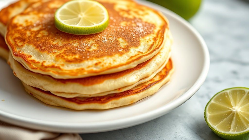 Close-up of key lime pie pancakes ready to serve