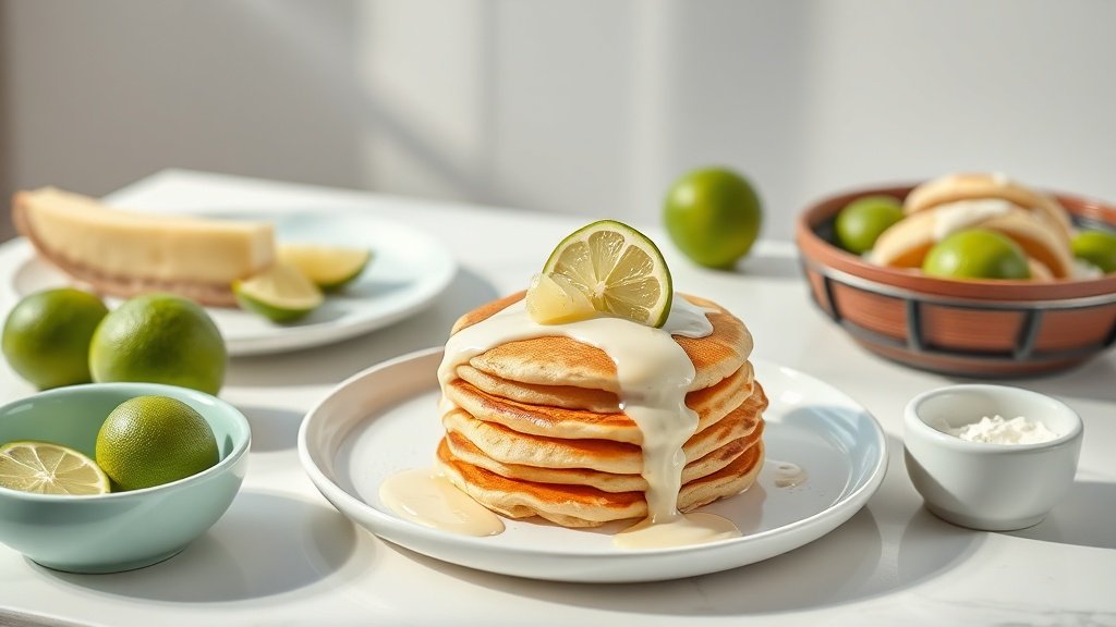 key lime pie pancakes served with complementary sides