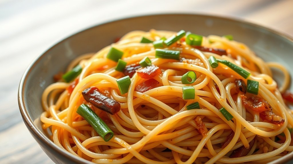 Close-up of korean glass noodles stir-fry ready to serve