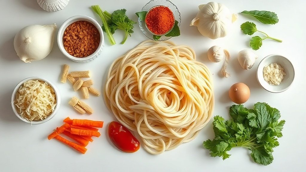 Ingredients for korean glass noodles stir-fry arranged before cooking