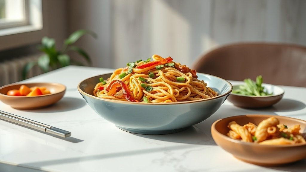 korean glass noodles stir-fry served with complementary sides