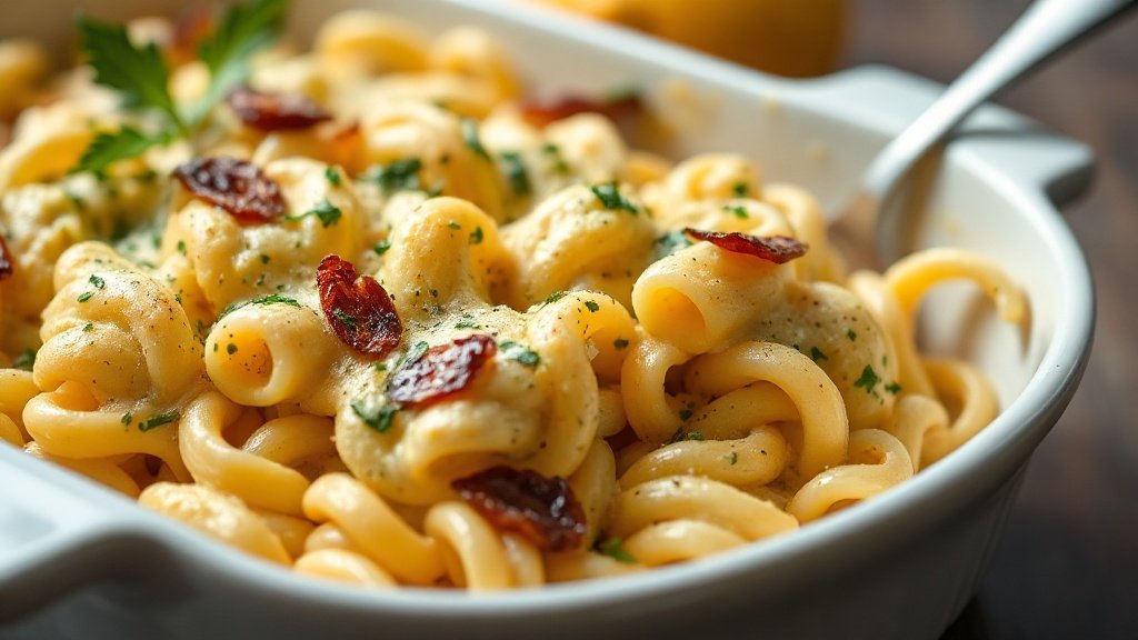 Close-up of lemon Boursin pasta bake ready to serve