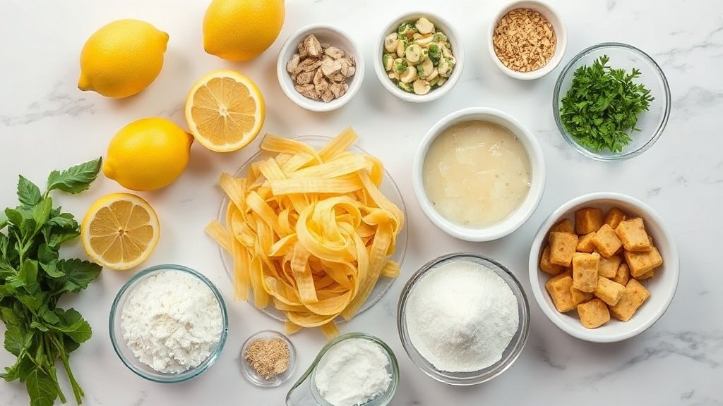 Ingredients for lemon Boursin pasta bake arranged before cooking