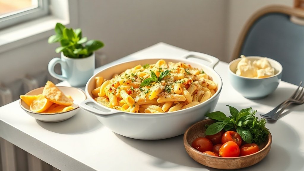 lemon Boursin pasta bake served with complementary sides