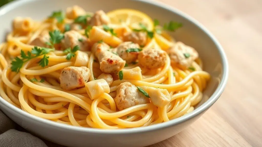 Close-up of lemon chicken pasta ready to serve