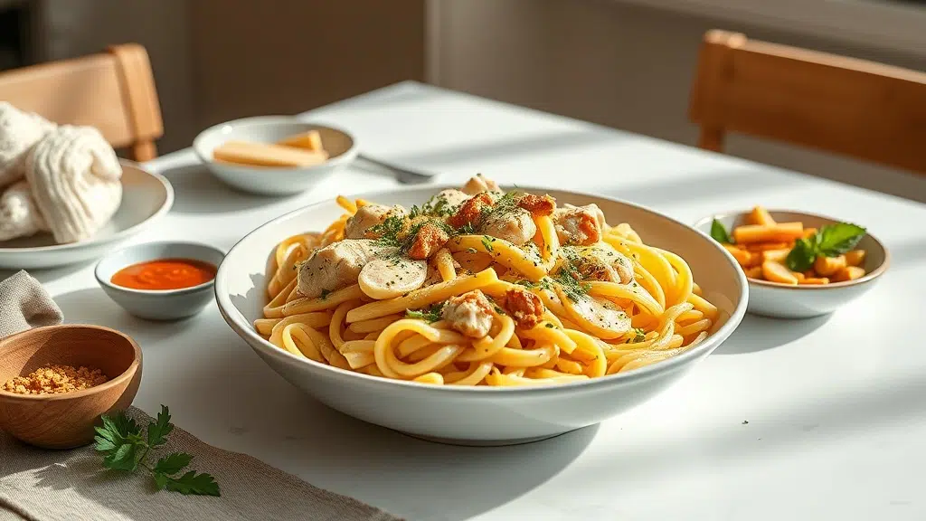 lemon chicken pasta served with complementary sides