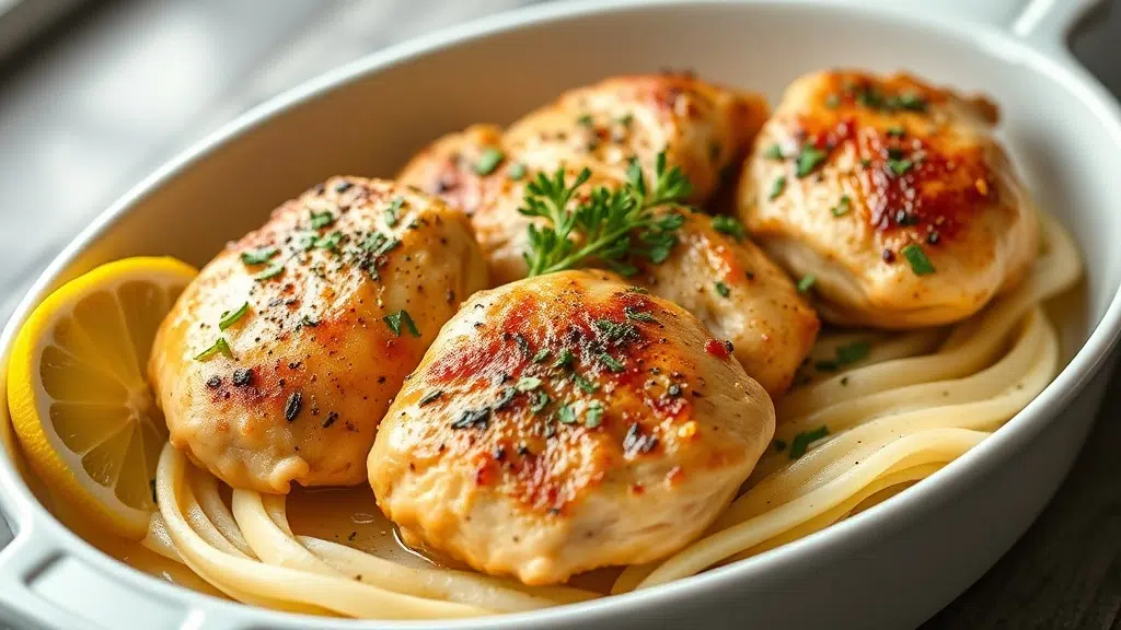 Close-up of lemon chicken for 4 servings [juicy, chef-tested] ready to serve