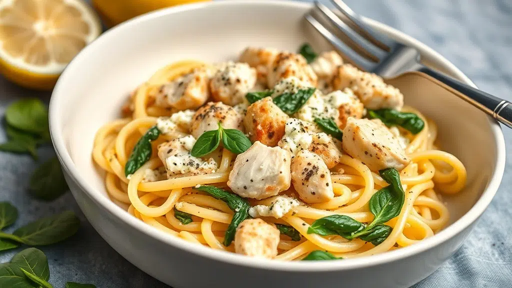 Lemon Spinach Ricotta Pasta with Chicken for a Delightful Dinner 2 Close-up of lemon spinach ricotta pasta with chicken for a delightful dinner ready to serve