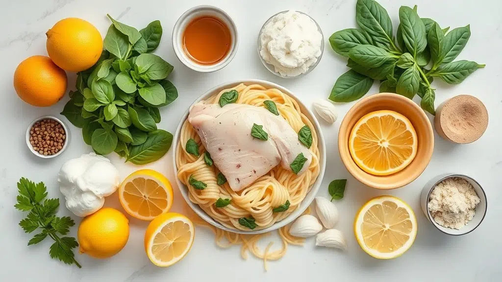 Lemon Spinach Ricotta Pasta with Chicken for a Delightful Dinner 3 Ingredients for lemon spinach ricotta pasta with chicken for a delightful dinner arranged before cooking