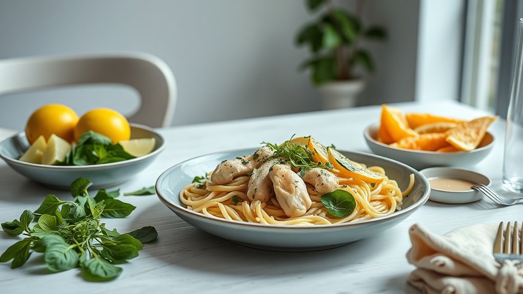 lemon spinach ricotta pasta with chicken for a delightful dinner served with complementary sides