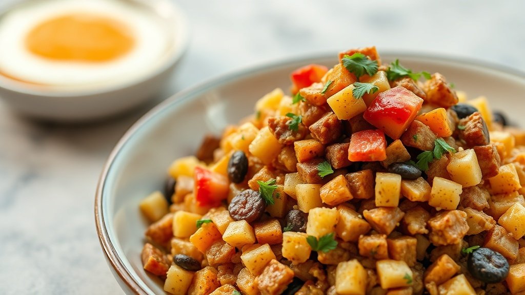 Close-up of loaded breakfast hash ready to serve