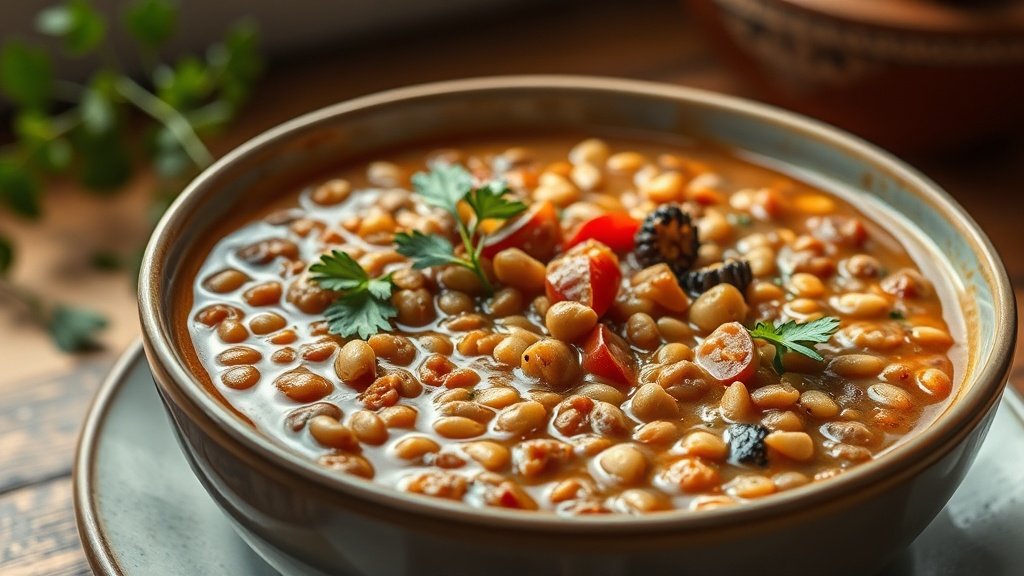 Close-up of Mediterranean lentil soup served fresh