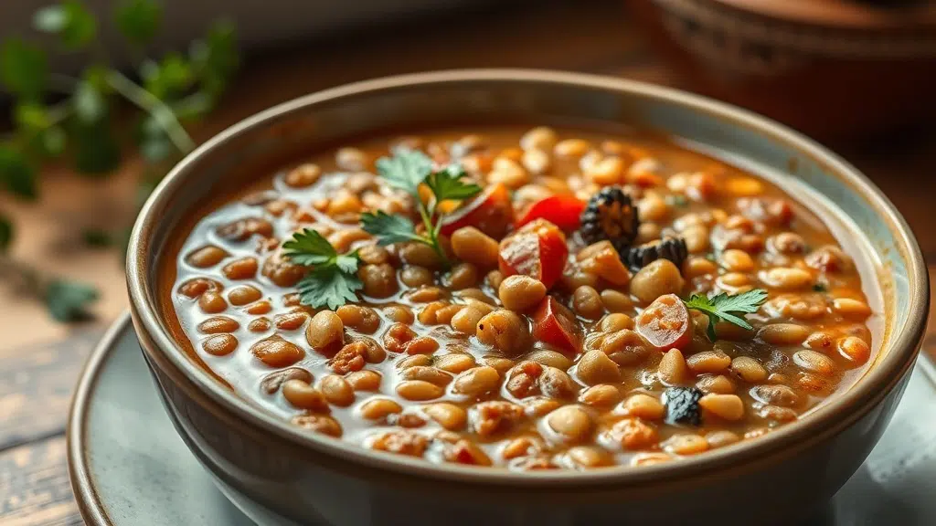 Close-up of Mediterranean lentil soup ready to serve