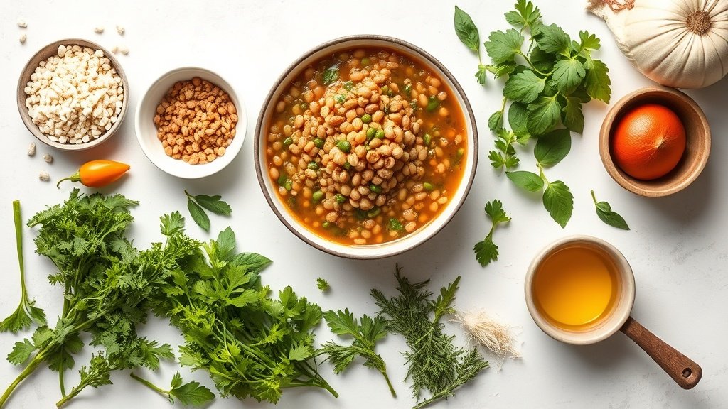 Ingredients for Mediterranean lentil soup arranged before cooking