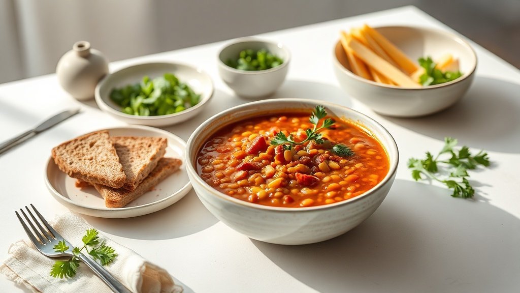 Mediterranean lentil soup served on a bright table with simple sides