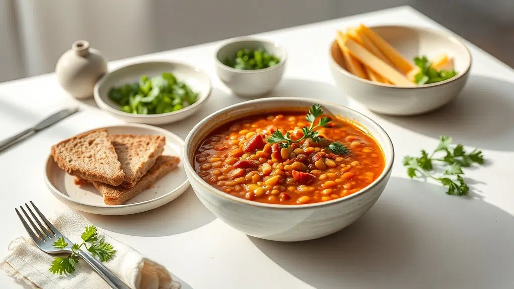 Mediterranean lentil soup served with complementary sides