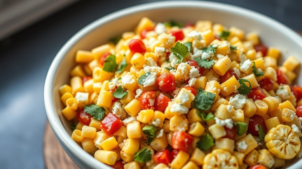 Close-up of Mexican street corn salad ready to serve