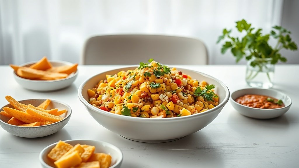 Mexican street corn salad served with complementary sides