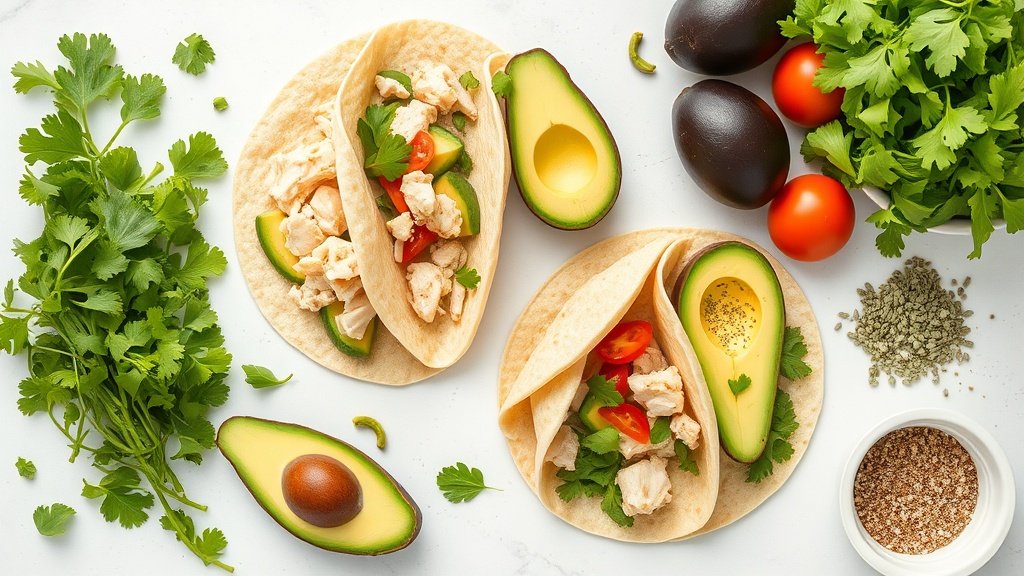 Ingredients for chicken avocado wraps arranged before cooking