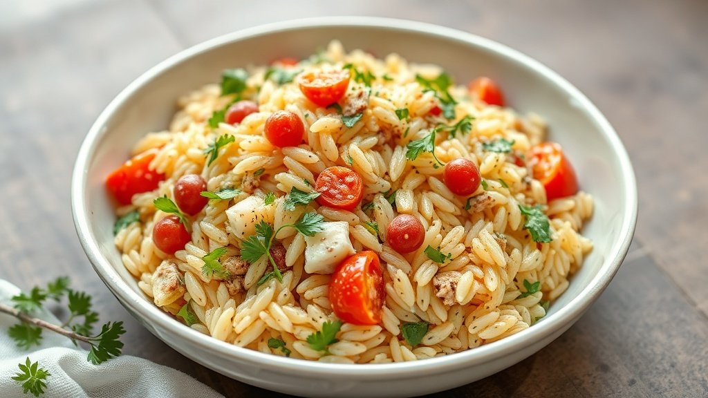 Close-up of orzo salad served fresh