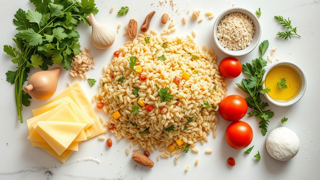 Ingredients for orzo salad arranged before cooking