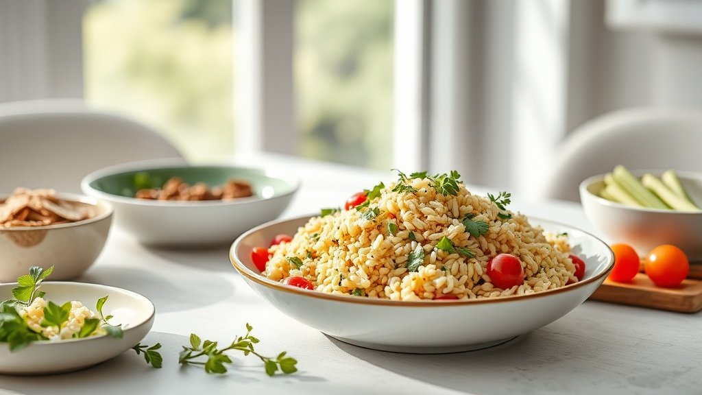 orzo salad served on a bright table with simple sides