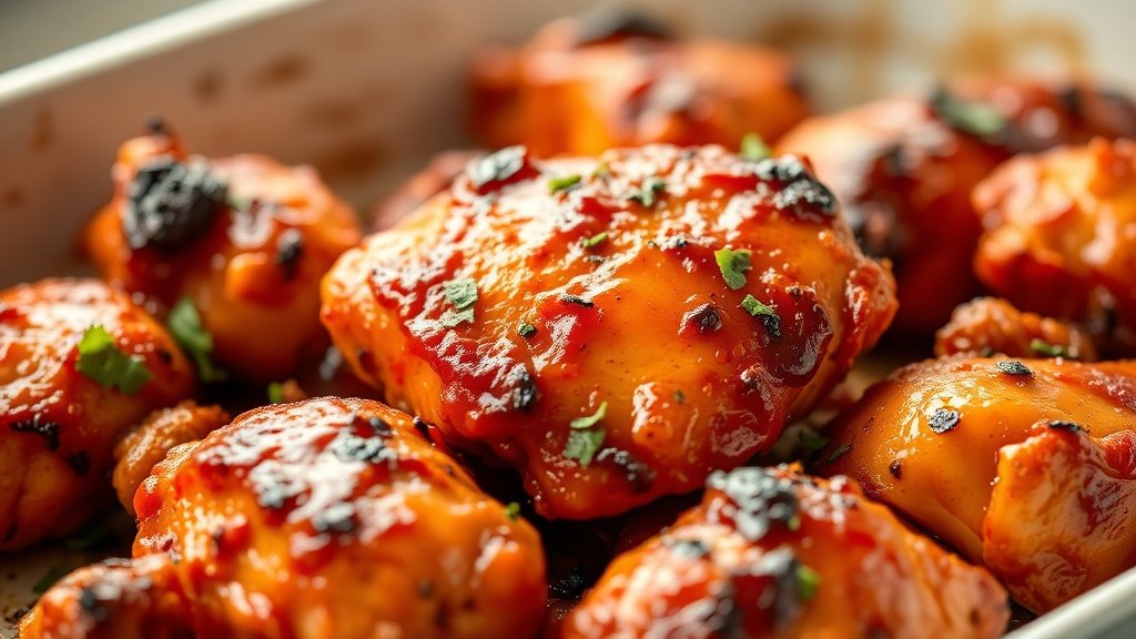 Close-up of oven-baked bbq chicken with homemade sauce ready to serve