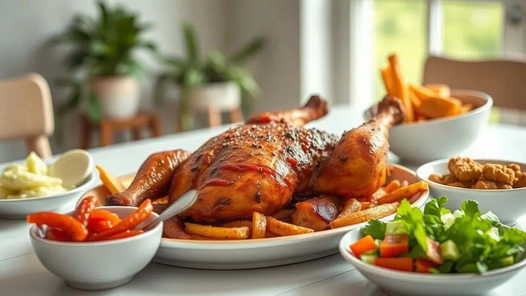 Oven-Baked BBQ Chicken with Quick Homemade Sauce 4 oven-baked bbq chicken with homemade sauce served with complementary sides