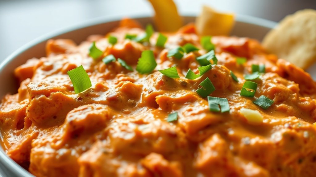 Close-up of buffalo chicken dip ready to serve