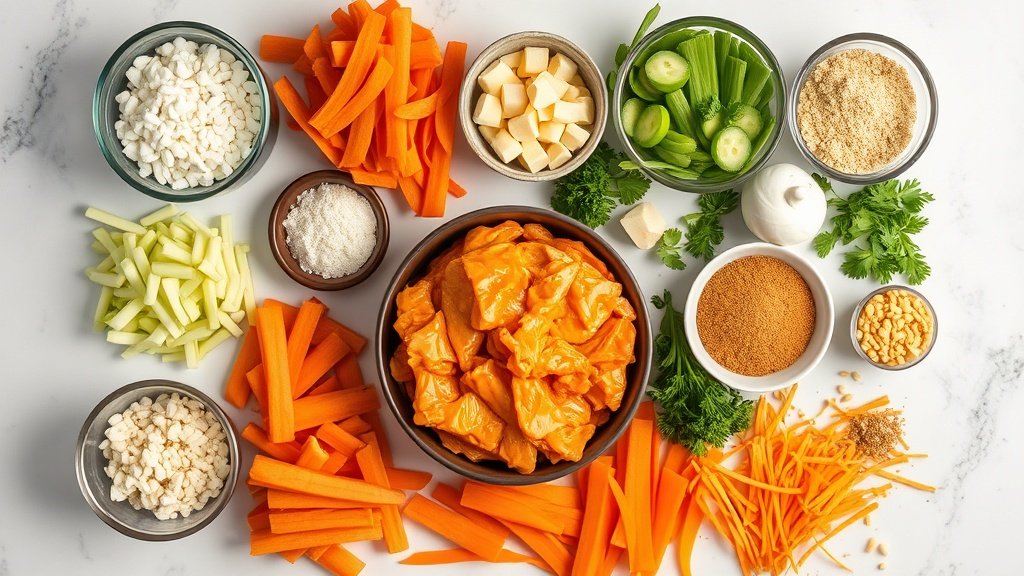 Ingredients for buffalo chicken dip arranged before cooking