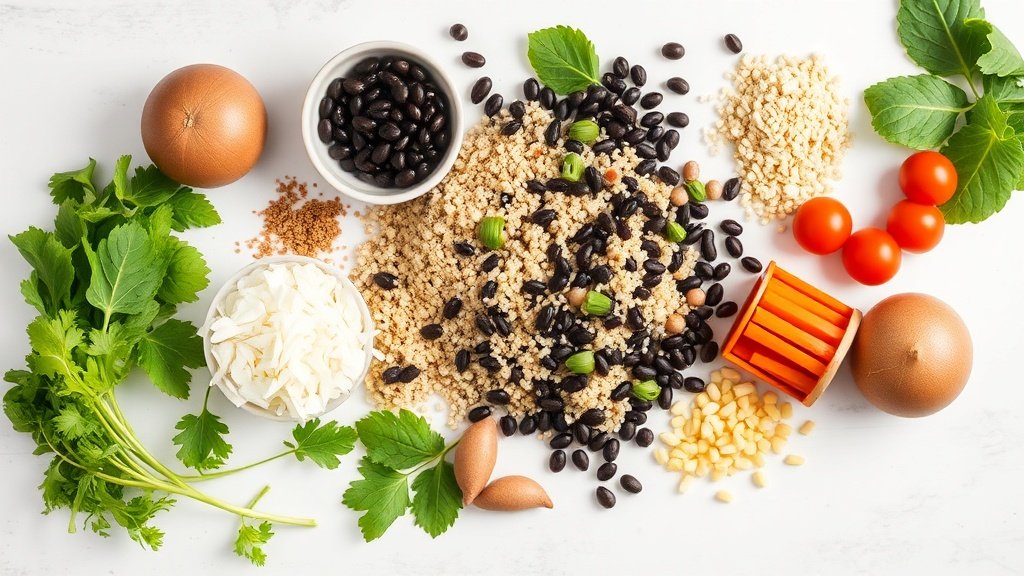Ingredients for quinoa black bean salad arranged before cooking