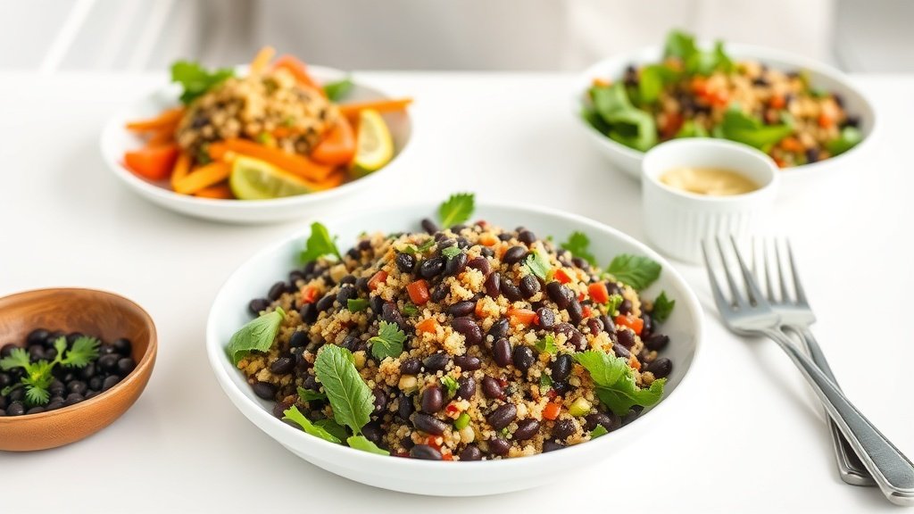 quinoa black bean salad served with complementary sides